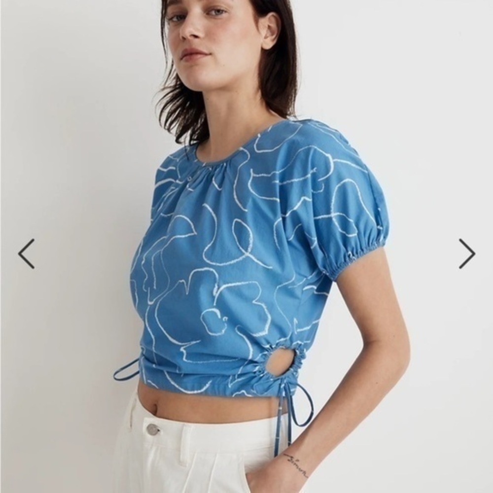 Madewell Poplin Puff Sleeve Cutout Crop Top Blue XS NWT